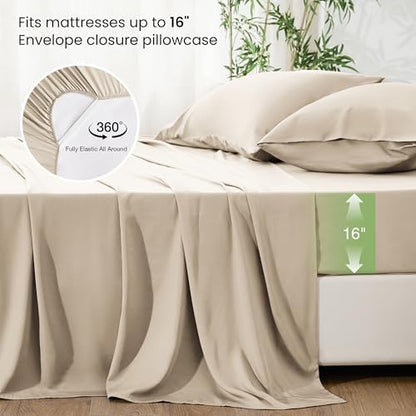 Love's cabin 4 Piece California King Size Sheet Set, 100% Rayon Derived from Bamboo, Cooling & Breathable, Soft Silky Deep Pocket up to 16", Hotel Luxury Bedding for Hot Sleepers, Dark Beige