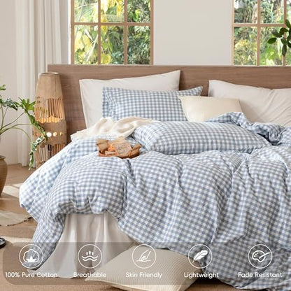 MooMee Gingham Duvet Cover Set 100% Washed Cotton Linen Like