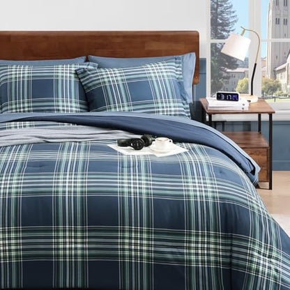 Plaid Twin XL Comforter Set Midnight Blue 5 Pieces Bed in a Bag for Dorm