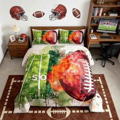 Castle Fairy Tie Dye Soccer Comforter Set Full Size,American Football Field Bedding Set for Kids Boys Teens Room Decor,Ball Sports Game Quilt Set Watercolor Graffiti Duvet Insert 3pcs,2 Pillowcases