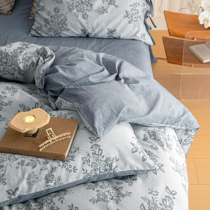 VM VOUGEMARKET Duvet Cover Set King Size Linen Cotton Yarn-Dyed Duvet Cover,Jacquard Garden Floral Pattern Monet Style 3Pieces Bedding Set,Navy Blue