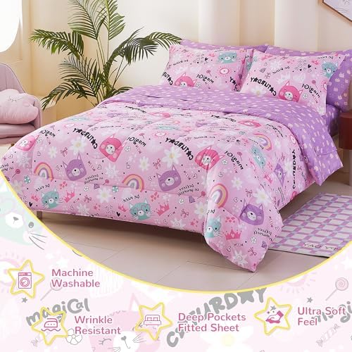 Viviland Kids Twin Bedding Sets, Girls Comforter, Pink Cat
