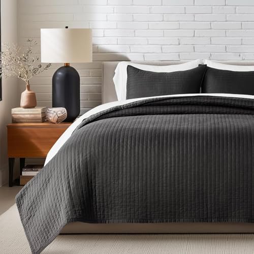 EVERGRACEHOME Cotton Sateen Quilt Set, Queen Size, Washed Black