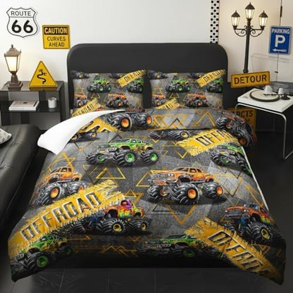Twin Size Monster Truck Comforter Sets for Boys，Monster Truck Twin Size Bedding Sets Boys，with 1 Comforter with 2 Pillow Case，Kids Monster Truck Themed Bedroom Decor