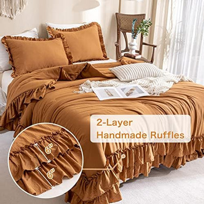 Masaca Pumpkin Farmhouse King Size Comforter Set,Shabby Boho Chic Bedding Ruffled King Bed Comforter Vintage Rustic Burnt Orange Bedding Sets 3 Pieces (1 Ruffle Comforter and 2 Pillowcases)