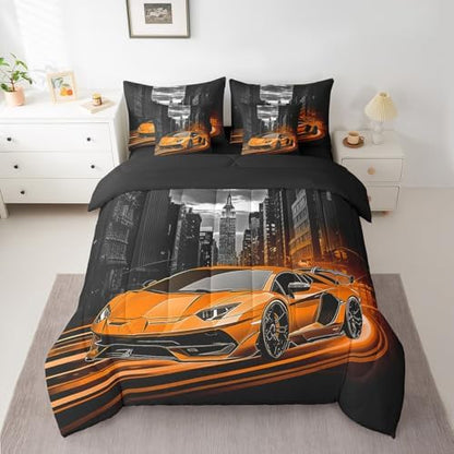 Feelyou Orange Race Car Comforter Set with Sheets Full Size Kids Speed Sports Car 7 Pieces Bedding Set Boys Girls Teens Racing Car Bed in a Bag Extreme Sports Street Bed Set Gothic Modern City