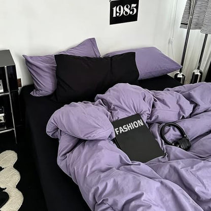 mixinni Solid Purple Duvet Cover Set Queen Size - 100% Washed Cotton 3-Piece Minimalist Bedding Set, Ultra Soft Breathable Solid Color Purple Comforter Cover with Zipper & Corner Ties, Queen Size