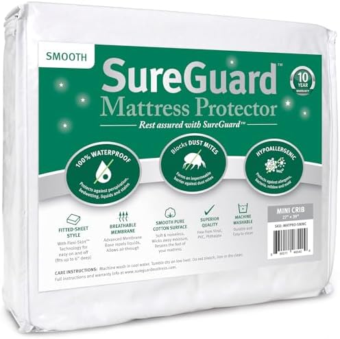 SureGuard Smooth Waterproof Mattress Protector, Mini Crib Mattress Cover
