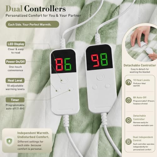 Electric Blanket Heated King Size, 90"X100" Dual Control, Sage Green