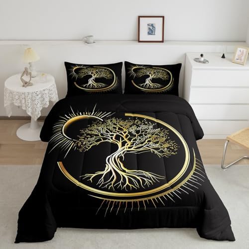 Castle Fairy Sun Moon Comforter Set Queen Size,Trees of Life Bedding Set 3pcs for Kids Teens Boys Bedroom Decor,Gold Glitter Plants Down Comforter Black Vintage Exotic Quilt Set with 2 Pillowcases