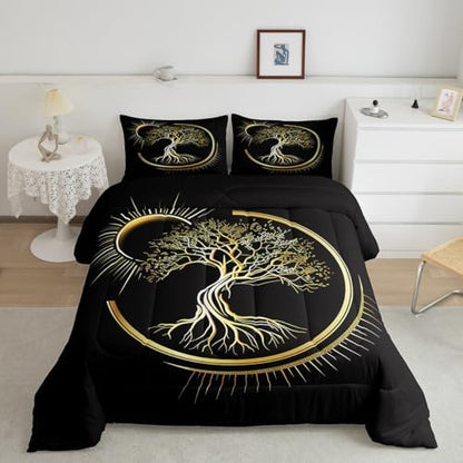 Castle Fairy Sun Moon Comforter Set Queen Size,Trees of Life Bedding Set 3pcs for Kids Teens Boys Bedroom Decor,Gold Glitter Plants Down Comforter Black Vintage Exotic Quilt Set with 2 Pillowcases