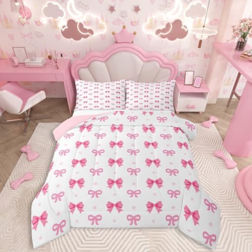 jejeloiu Bowknot Bedding Set Soft for Boys Girls, Pink Bow Comforter Set Toddler Size Bow-tie Duvet Quilt Microfiber Dreamy Princess Bow Bedroom Decor 2 Pcs with 1 Pillow Cases