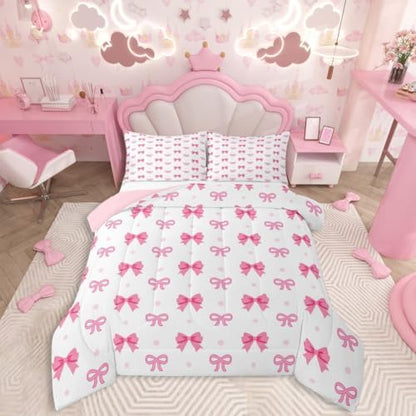jejeloiu Bowknot Bedding Set Soft for Boys Girls, Pink Bow Comforter Set Toddler Size Bow-tie Duvet Quilt Microfiber Dreamy Princess Bow Bedroom Decor 2 Pcs with 1 Pillow Cases