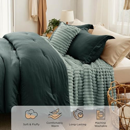 Bedsure Comforter Full Size 5 Pieces - Full Size Comforter Set with Fleece Throw Blanket and Decorative Pillow, Lightweiget Bedding Comforter Sets, All Season Bedding Sets, Emerald Green