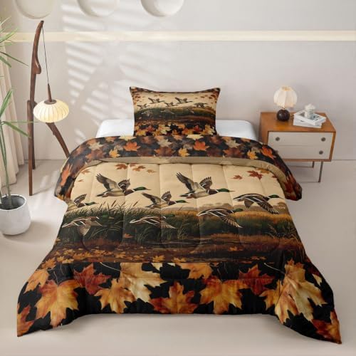 Feelyou Mallard Duck Bedding Set Soft for Boys Girls, Wild Duck Hunting Comforter Set Twin Size Cabin Farmhouse Duvet Quilt Microfiber Maple Leaf Bedroom Decor 2 Pcs with 1 Pillow Cases
