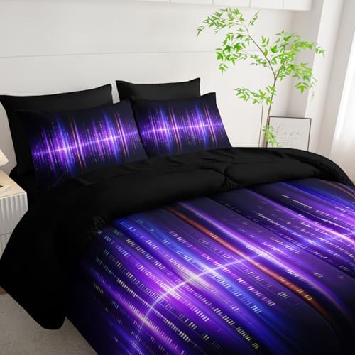 7Pcs Geometric Stripes Comforter Set Purple Gradient Lines Printed Bedding Set with 1 Comforter, 1 Flat Sheet, 1 Fitted Sheet and 4 Pillowcases for Boys and Girls Bedroom (Lines Twin