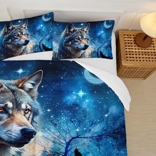 Wolf Comforter Set Full for Boys Girls,Wolf Night Moon Galaxy Bed Set,Woodland Wild Animals Theme Comforter Set with 2 Pillowcase,Rustic Blue Black Bedding Set for Bedroom Decor