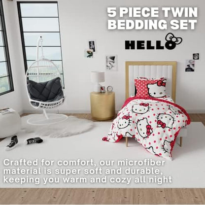 Hello Kitty Polka Dot Bedding 5 Piece Super Soft Comforter and Sheet Set with Sham, Twin, (Officially Licensed Product) by Franco Collectibles