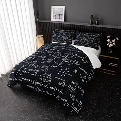 Math Equations Bedding Set for Boys,Mathematics Comforter Set, Math Geometry Axis Art Quilted Duvet for Teens Bedroom Decor,Modern Decorative 3 Piece Bedding Set with 2 Pillow Shams,King Size,Black