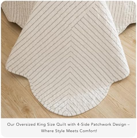 Lady Ann Oversized King Bedspread 120x120, Soft Cotton Quilt Set for Extra Large Bed, Dark Grey White Classic Striped Pattern Quilted Coverlet with Scalloped Edge, 3 Pcs Bedding Set