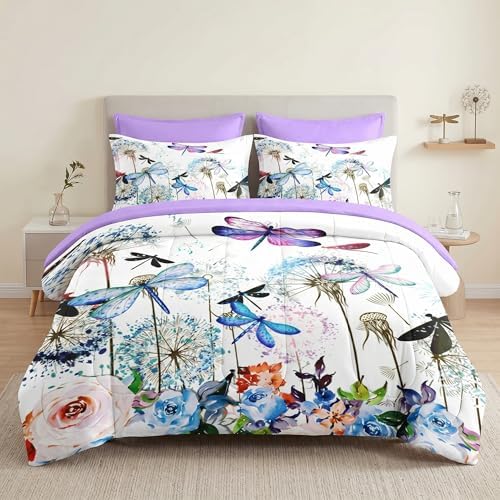 Pamnest Twin Comforter Set with Sheets, 5 Pieces Dragonfly Flower Bedding
