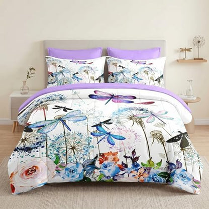 Pamnest Twin Comforter Set with Sheets, 5 Pieces Dragonfly Flower Bedding