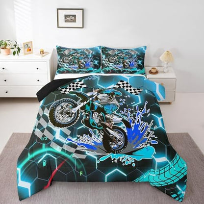 Racing Bedding Set Teal Neon Lights Honeycomb Comforter Set Motorbike Dirt Bike Quilt Geometric Hexagon Moto Extreme Sports Full Size Duvet Insert,Black White Grid Lattice Buffalo Plaid Decor