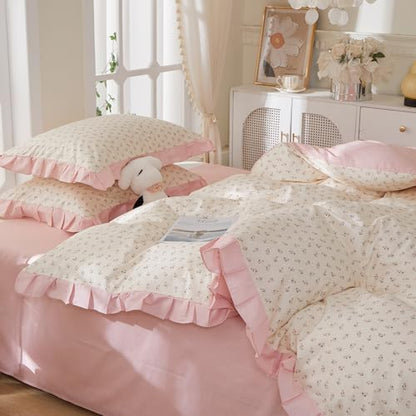 mixinni Pink Floral Duvet Cover Set King Size – 100% Cotton Ruffle Lace Bedding, Romantic Blushing Flower Print, Reversible Striped Pattern, Cottagecore Soft Aesthetic Princess Bedding for Girls