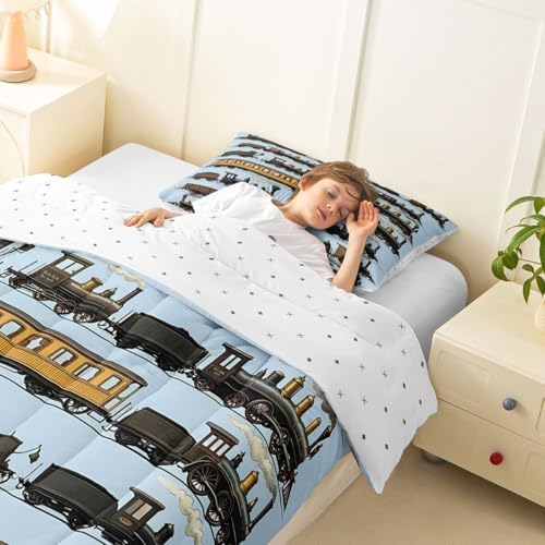 Erosebridal Vintage Steam Train Comforter Set King Travel Locomotive Train Bedding Set Transport Vehicle Comforter for Kids Boys Girls Steampunk Railway Quilt Duvet Blue