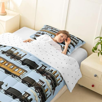 Erosebridal Vintage Steam Train Comforter Set King Travel Locomotive Train Bedding Set Transport Vehicle Comforter for Kids Boys Girls Steampunk Railway Quilt Duvet Blue