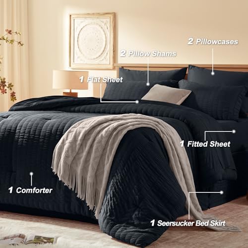 Laojin Balhen King Size Comforter Set 7 Pieces, Black Seersucker Bed in a Bag Set King Size, All Season Luxury Bedding Sets with Comforter, Sheets, Pillowcase & Sham