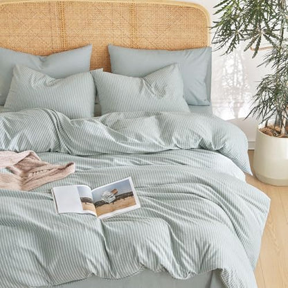 Wake In Cloud Striped Cotton Duvet Cover Set, Greyish Blue, Full