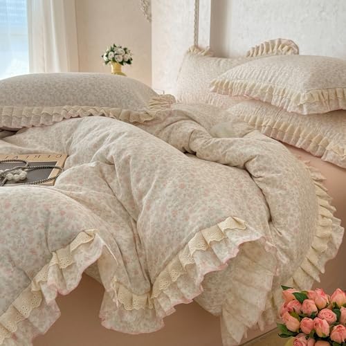 VM VOUGEMARKET Ruffle Duvet Cover Set Twin,Vintage Garden Floral Duvet Cover with 2 Pillow Shams,Double-Layer Gauze Cotton Bedding Set,Comfy,Breathable & Lightweight for Girls-68 x86