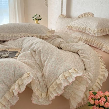 VM VOUGEMARKET Ruffle Duvet Cover Set Twin,Vintage Garden Floral Duvet Cover with 2 Pillow Shams,Double-Layer Gauze Cotton Bedding Set,Comfy,Breathable & Lightweight for Girls-68 x86