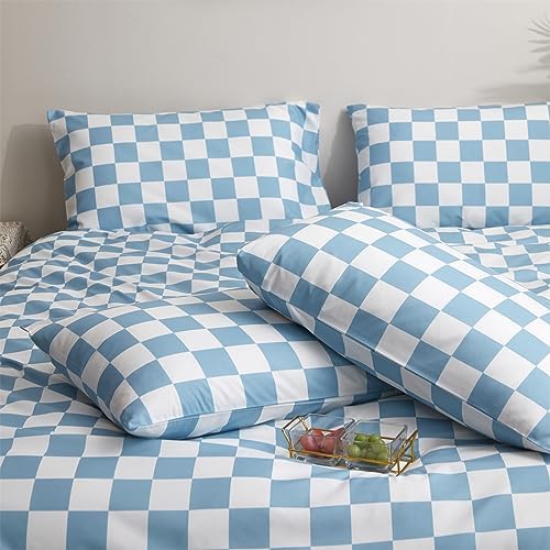 Wellboo Blue White Plaid Comforter Sets Queen Women Men Light Blue and White Checkerboard Grid Bedding Comforters Cotton Boys Girls Modern Dusty Blue Checkered Geometric Quilts Luxury Sky Blue Bed