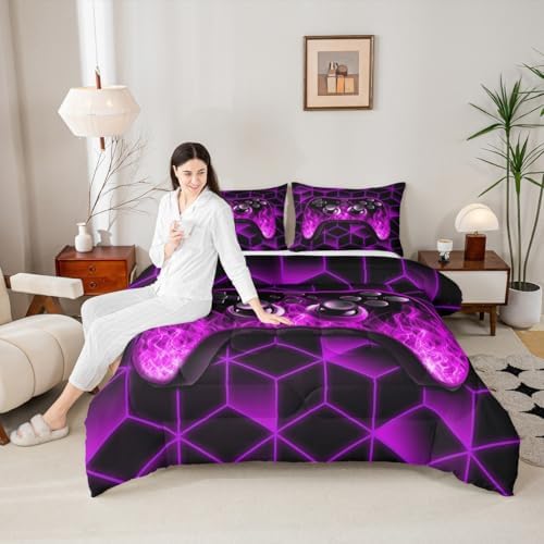 Purple Gaming Comforter Sets for Boys Gamer Gifts,Neon Geometric Toddler Bedding Sets for Boys,3D Geometric Kids Comforter Set Flame Gaming Consoles Decor Boy Bedroom Decor