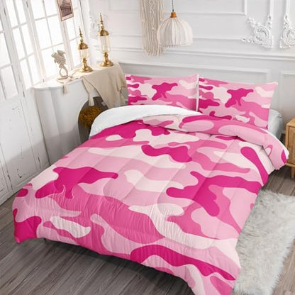 Nttopship Camo Comforter Set for Girls Men King Size Pink Camouflage Bedding Sets for Kids Boys,Ultra Soft Lightweight Bedding Sets，Kids Room Decor with 1 Comforter with 2 Pillow Case