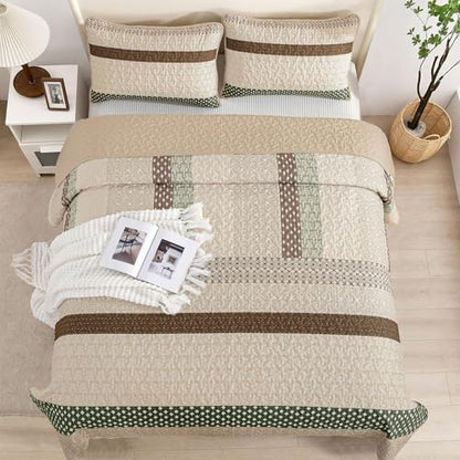 WONGS BEDDING Khaki Quilt Queen Size, Soft Stripe Bedspreads
