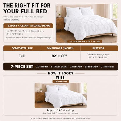 HIMEET Full Size Comforter Set White - 7 Pieces Pintuck Bed in a Bag