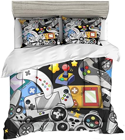 Sunnycitron Gaming Comforter for Boys Teen Gamer Comforters Queen Size Gaming Bedding Kids Bed Set Boys Bedding Quilt Game Room Decor,1 Comforter +2Pillowcase