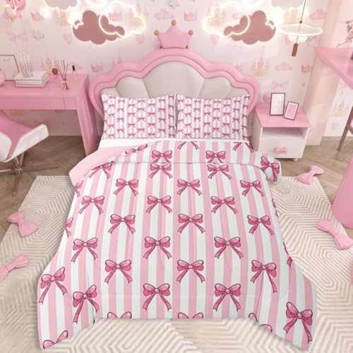jejeloiu Pink Bow Bedding Set Soft for Boys Girls, Bowknot Comforter Set King Size Bow-tie Duvet Quilt Microfiber Colourful Bowknot Bedroom Decor 3 Pcs with 2 Pillow Cases