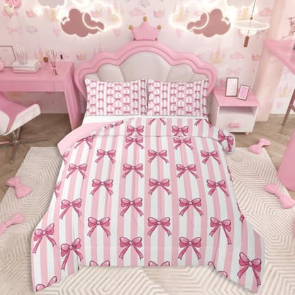 jejeloiu Pink Bow Bedding Set Soft for Boys Girls, Bowknot Comforter Set Toddler Size Bow-tie Duvet Quilt Microfiber Colourful Bowknot Bedroom Decor 2 Pcs with 1 Pillow Cases