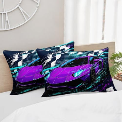 AILONEN Twin Comforter Set 3 Piece, Purple Teal Sports Car 3D Printed Bedding with 2 Pillowcases, Soft Lightweight Microfiber Checkered Speed Decor for Compact Bedroom