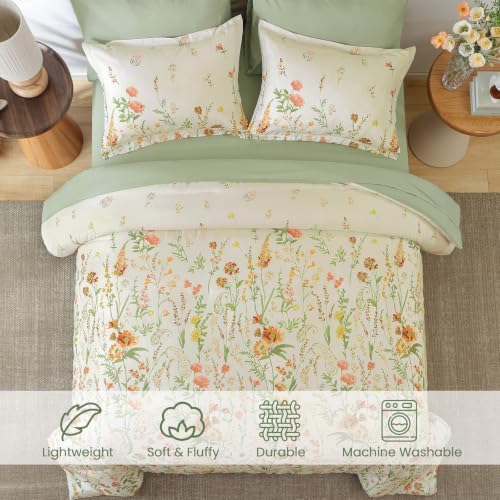 Yiran Beige Floral Comforter Set Full Size, 7 Piece Cute Comforters Bed in a Bag Khaki Flower, Soft Coquette Cottagecore Aesthetic Botanical Bedding Set with Sheets for Women Teen Girls