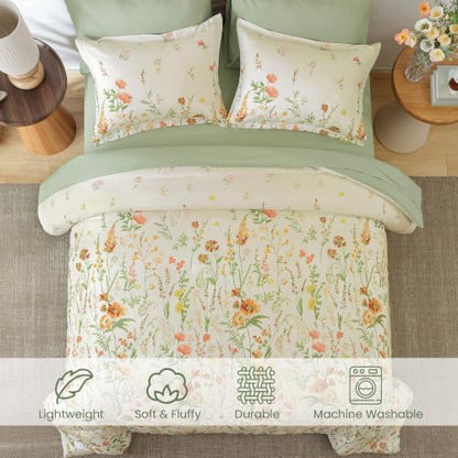 Yiran Beige Floral Comforter Set Full Size, 7 Piece Cute Comforters Bed in a Bag Khaki Flower, Soft Coquette Cottagecore Aesthetic Botanical Bedding Set with Sheets for Women Teen Girls