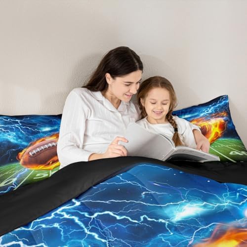 American Football Comforter Set King Size Lightning and Flame 3D Football Field Quilt Set 3Pcs Kids Boys Fashion Teens Room Decor Sports Games Duvet Insert, 2 Pillowcase