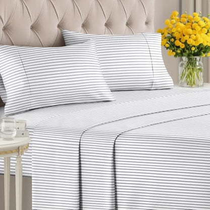 King 4 Piece Striped Sheet Set - Breathable & Cooling - Nautical Pinstripe