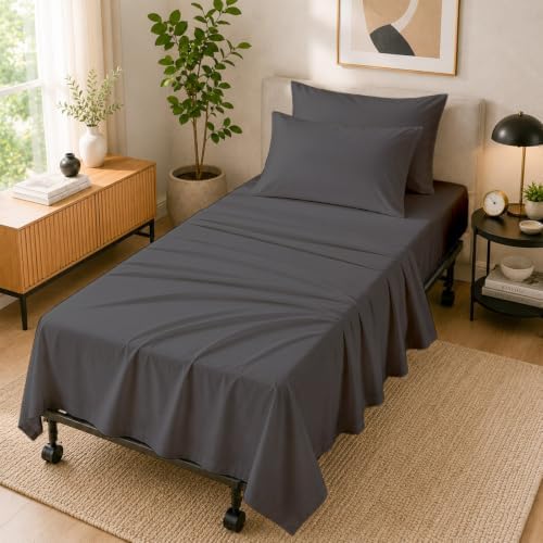 Cottingon 4 PC Cot Sheet Set 30"X75", Egyptian Cotton, Dark Grey