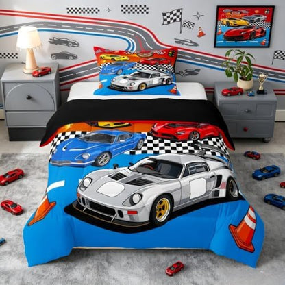 Feelyou Boys Sports Car Comforter Set Toddler Size Speed Race Car Bedding Set for Kids Boys Girls Racing Extreme Sports Duvet Quilt Automobile Bedroom Decor Microfiber 2 Pcs with 1 Pillow Cases