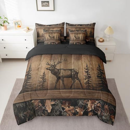 Erosebridal Camo Moose Bed in A Bag 7 Piece Rustic Tree Camouflage Bedding Set King Woodland Hunting Animal Comforter Set with Sheets for Kids Adults Farmhouse Wood Board Pine Tree Wildlife Bed Set